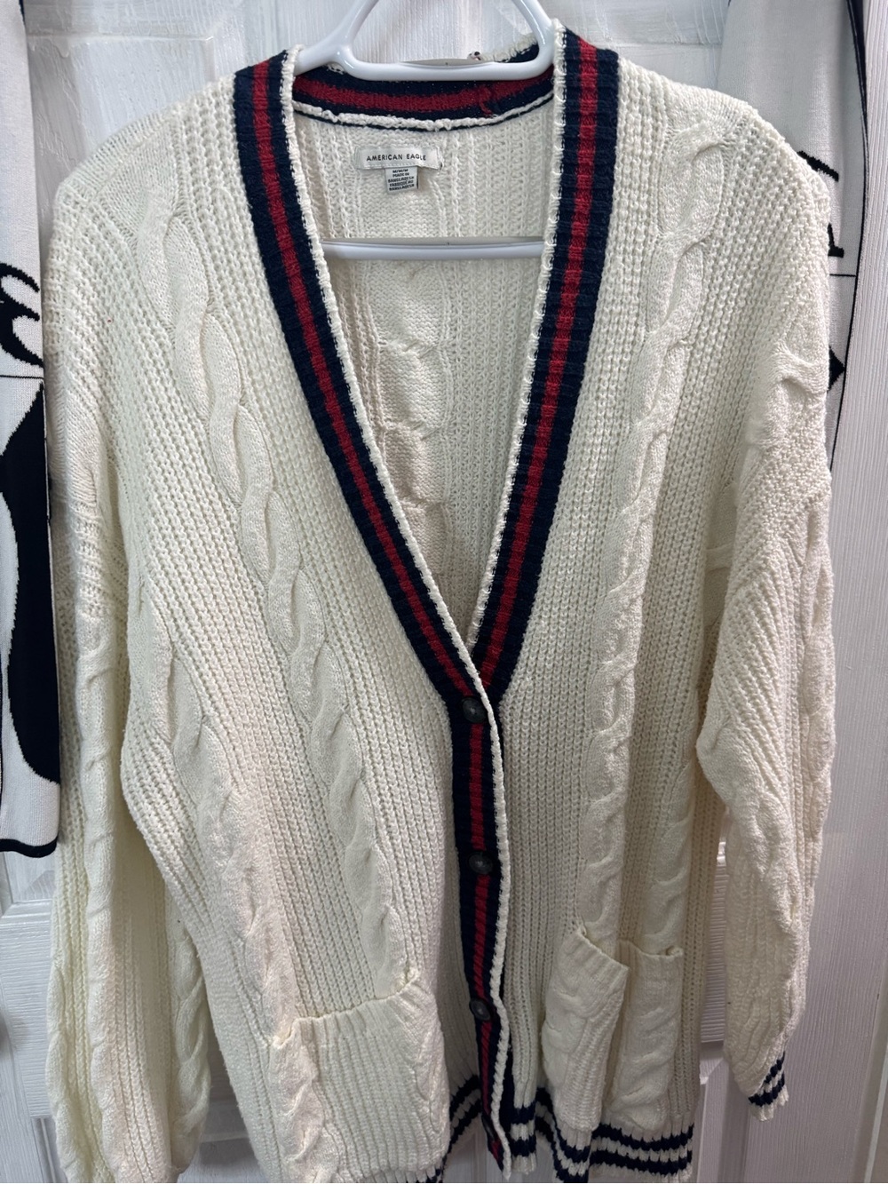 American Eagle Outfitters Cream Cable Knit Cardigan with Navy and Red Trim